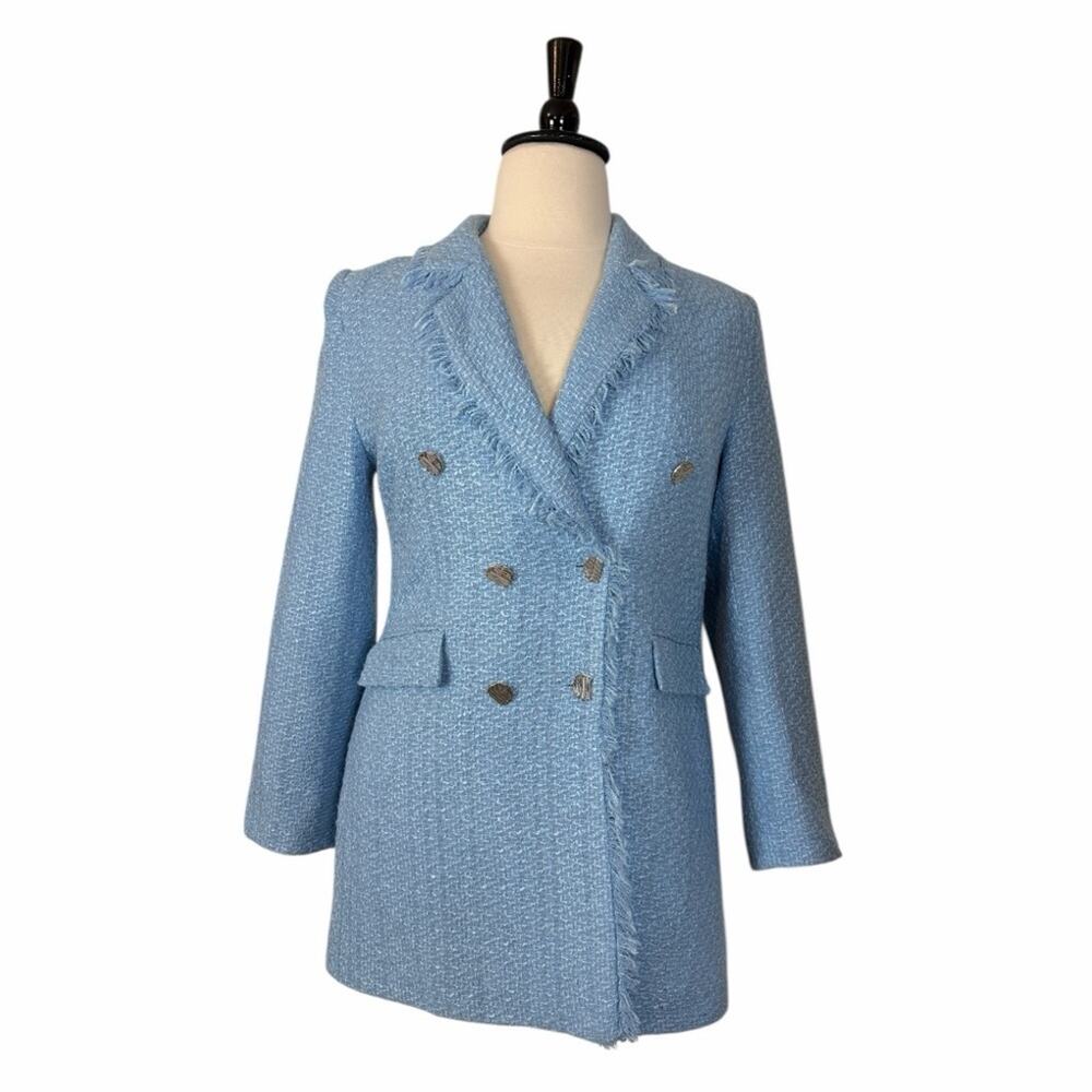 Love LF New Double Breasted Long Blazer Coat Blue Tweed Fringe Women’s Size 1X